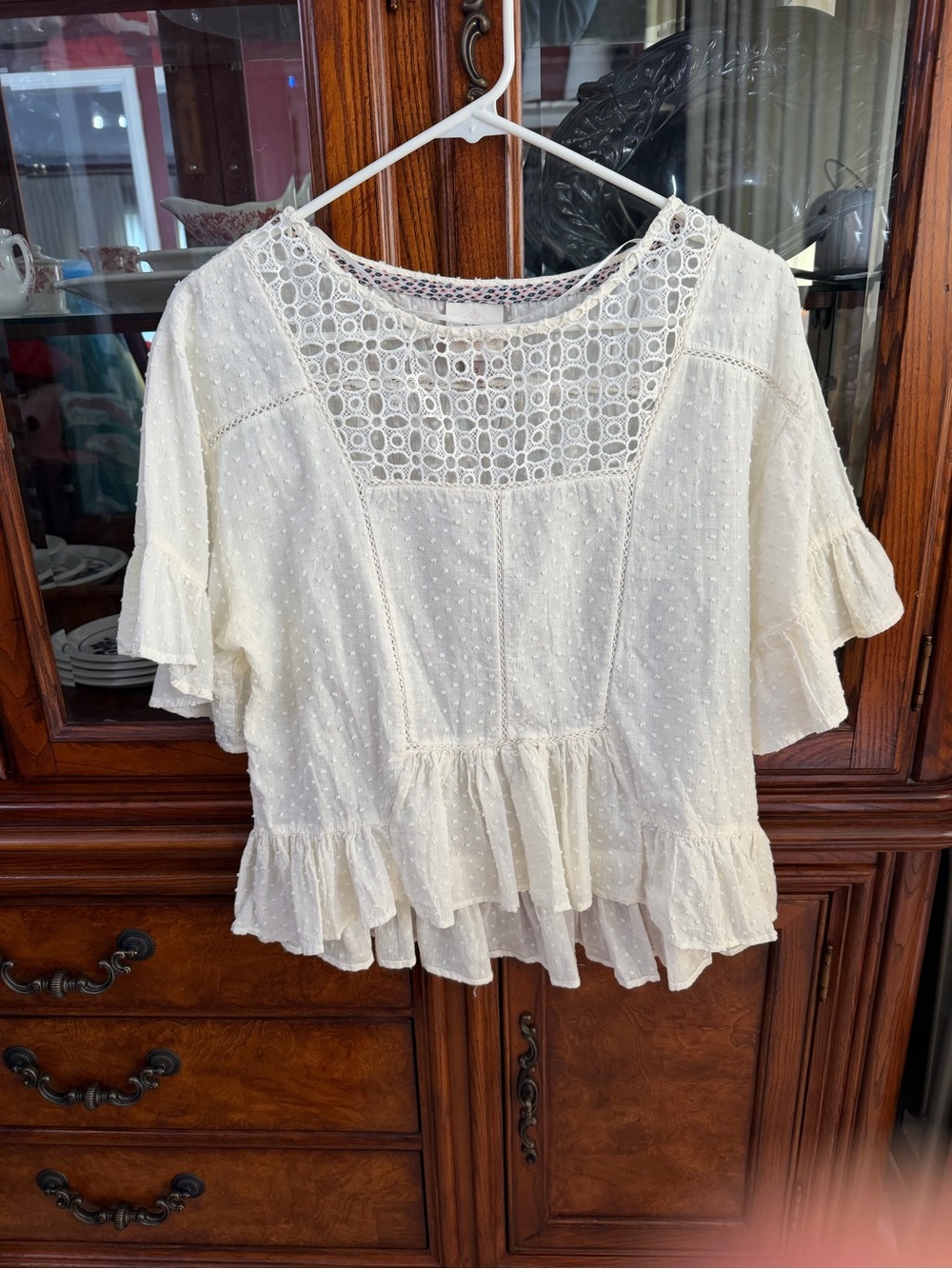 Knox Rose Cream Lace Yoke Ruffle Blouse
